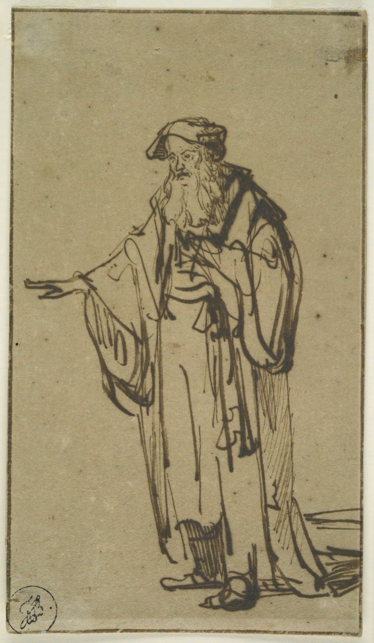 A Standing Old Man、c.1638（紙にペンとインクでウォッシュ） 作： レンブラント・ファン・レイン