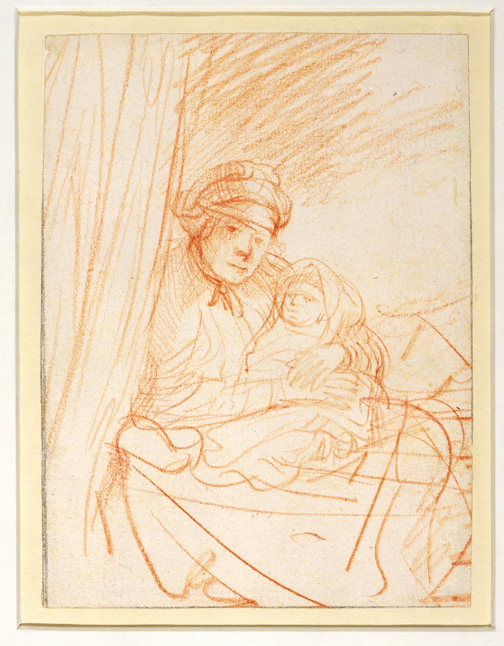 サスキアと最初の子ルンバルトゥス、1635-36（赤いチョーク） 作： レンブラント・ファン・レイン