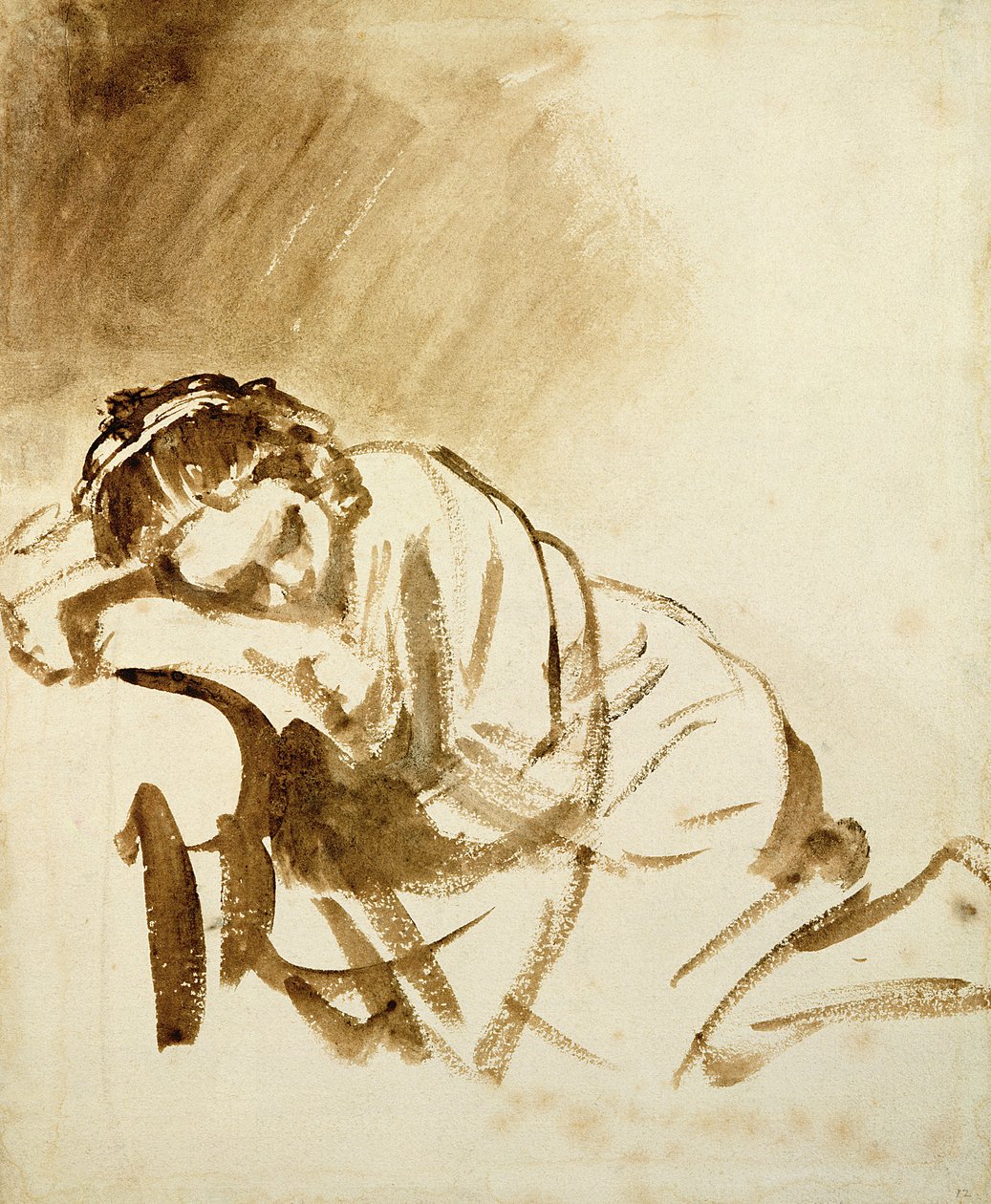 眠っている若い女性（ヘンドリケストッフェルス）c.1654（紙にブラシと茶色のウォッシュ） 作： レンブラント・ファン・レイン
