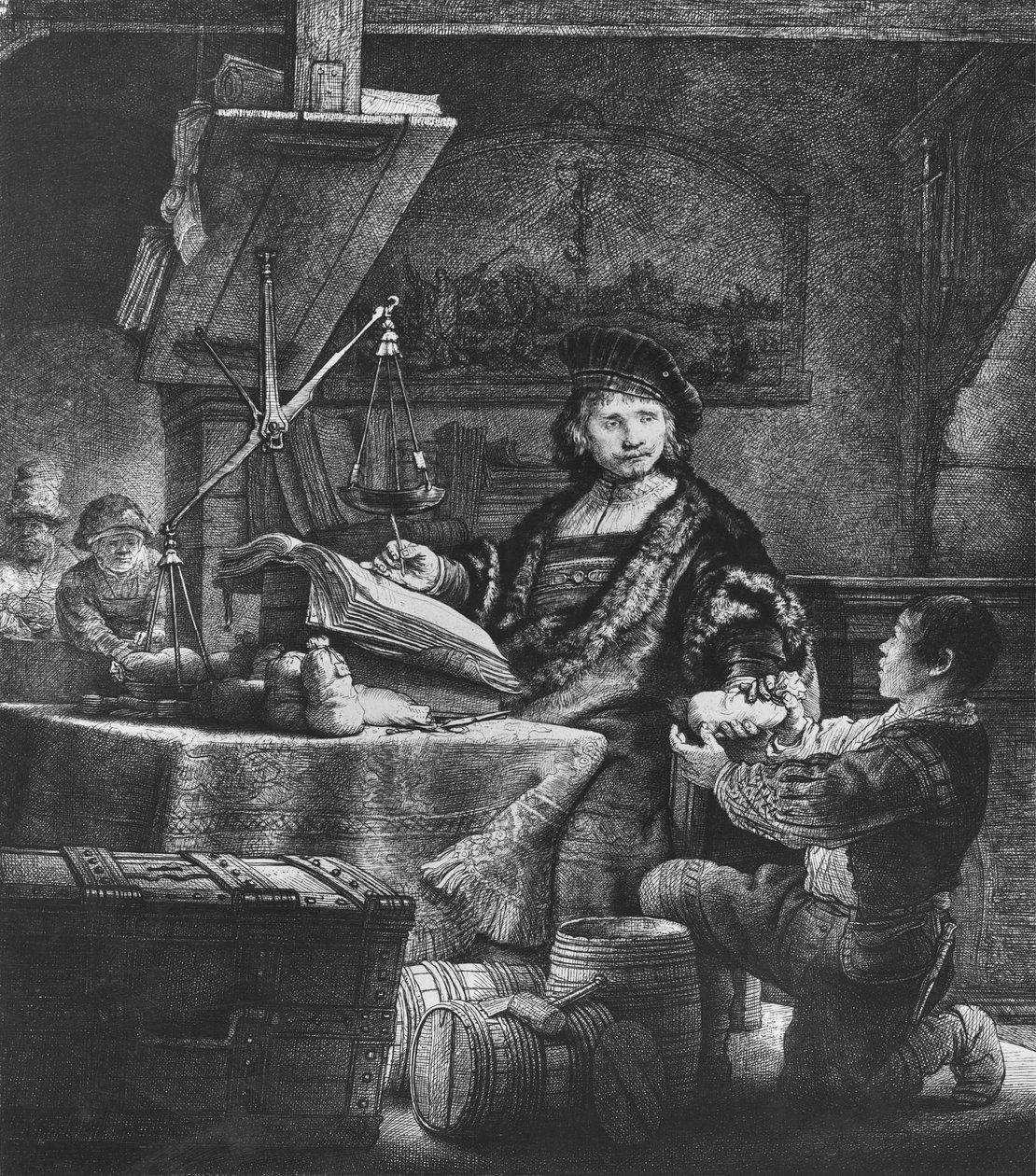 Jan Uytenbogaert &39;The Goldweigher&39;、1639（エッチングとドライポイント） 作： レンブラント・ファン・レイン