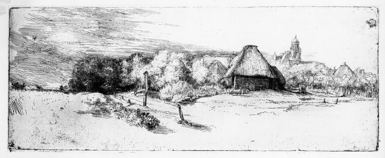 塔のある風景、1651年 作： レンブラント・ファン・レイン