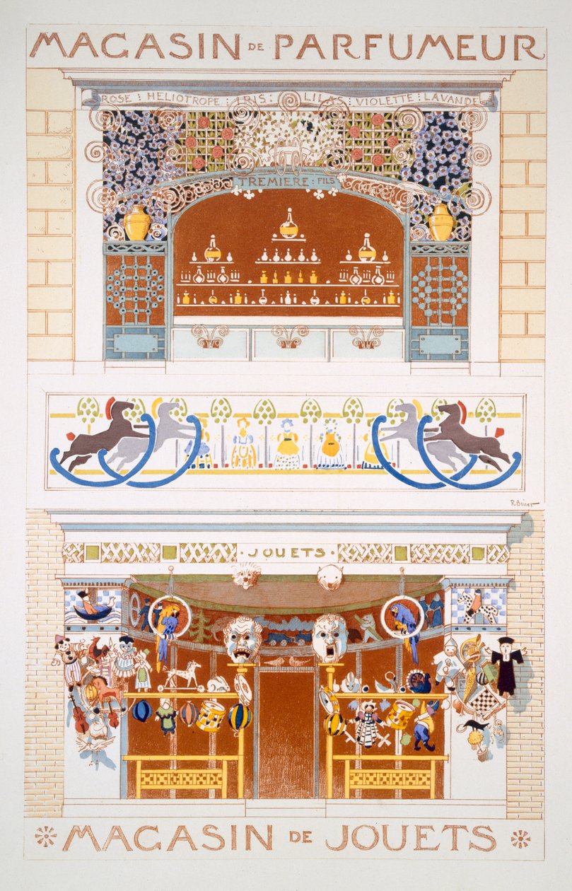 2つの店頭デザイン：香水売り手とおもちゃ屋、c.1880-95 作： ルネビネット