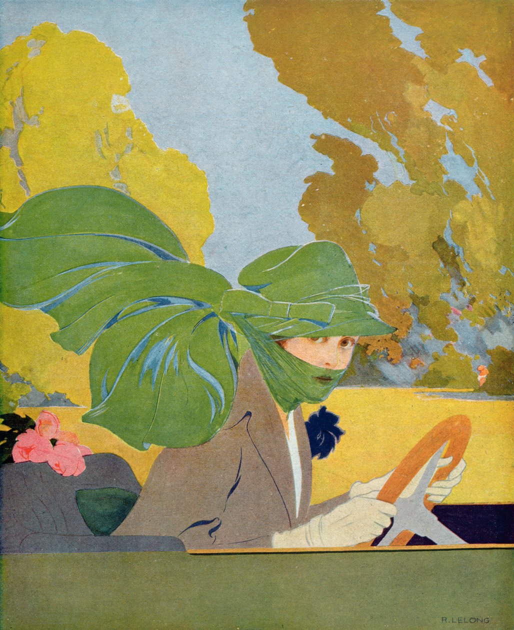 自動車のハンドルを握っているマルトシェナル、1919年8月の「Femina」誌のイラスト 作： ルネ・レロング