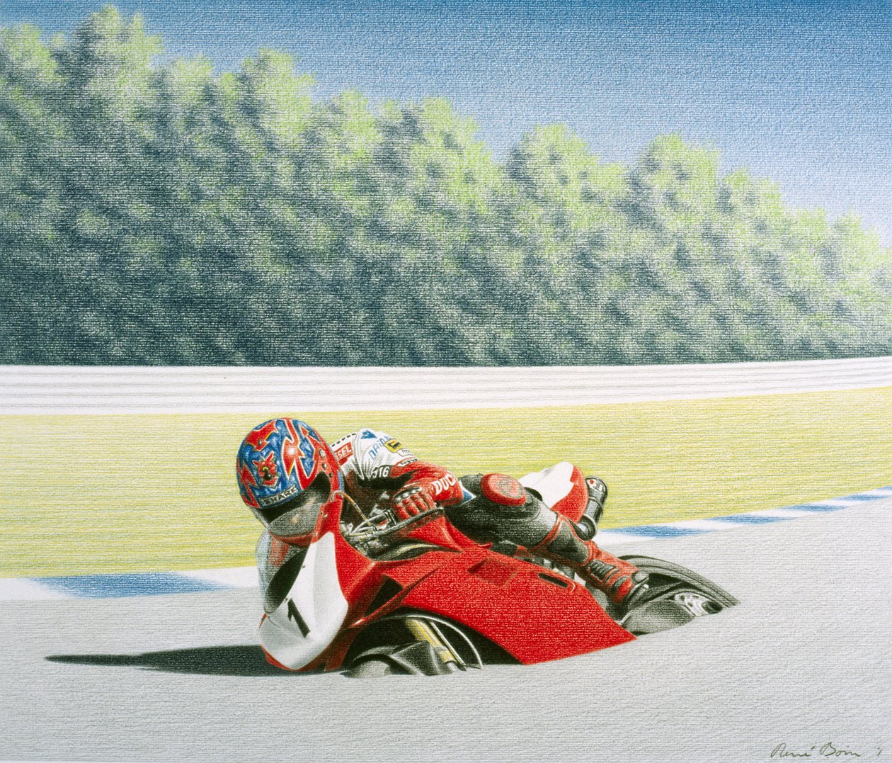 ロードレース、2001年、紙に色鉛筆画 作： ルネ・ボアン
