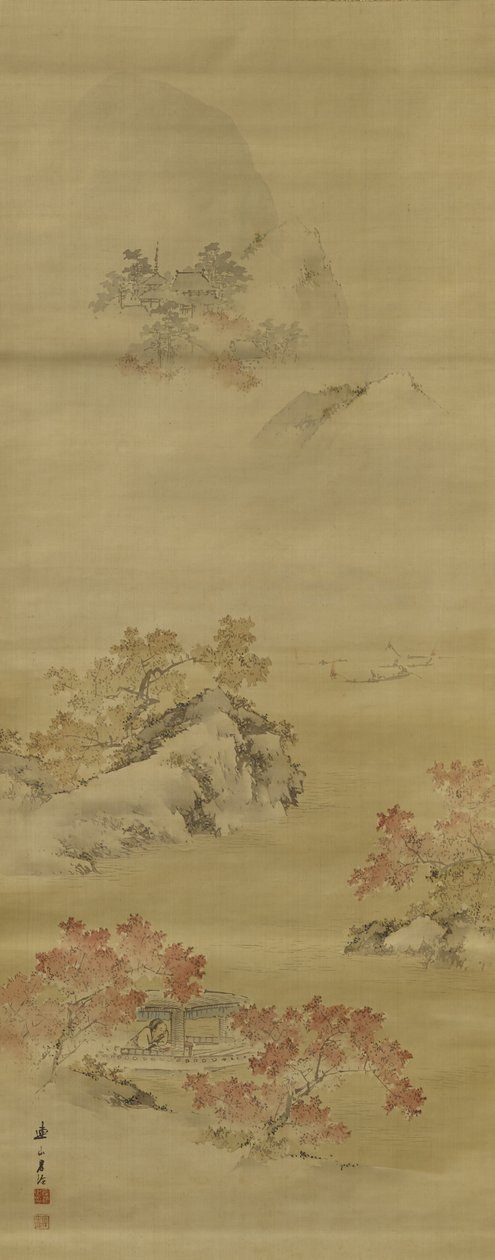秋の風景（シルクにインクと色） 作： 岸連山
