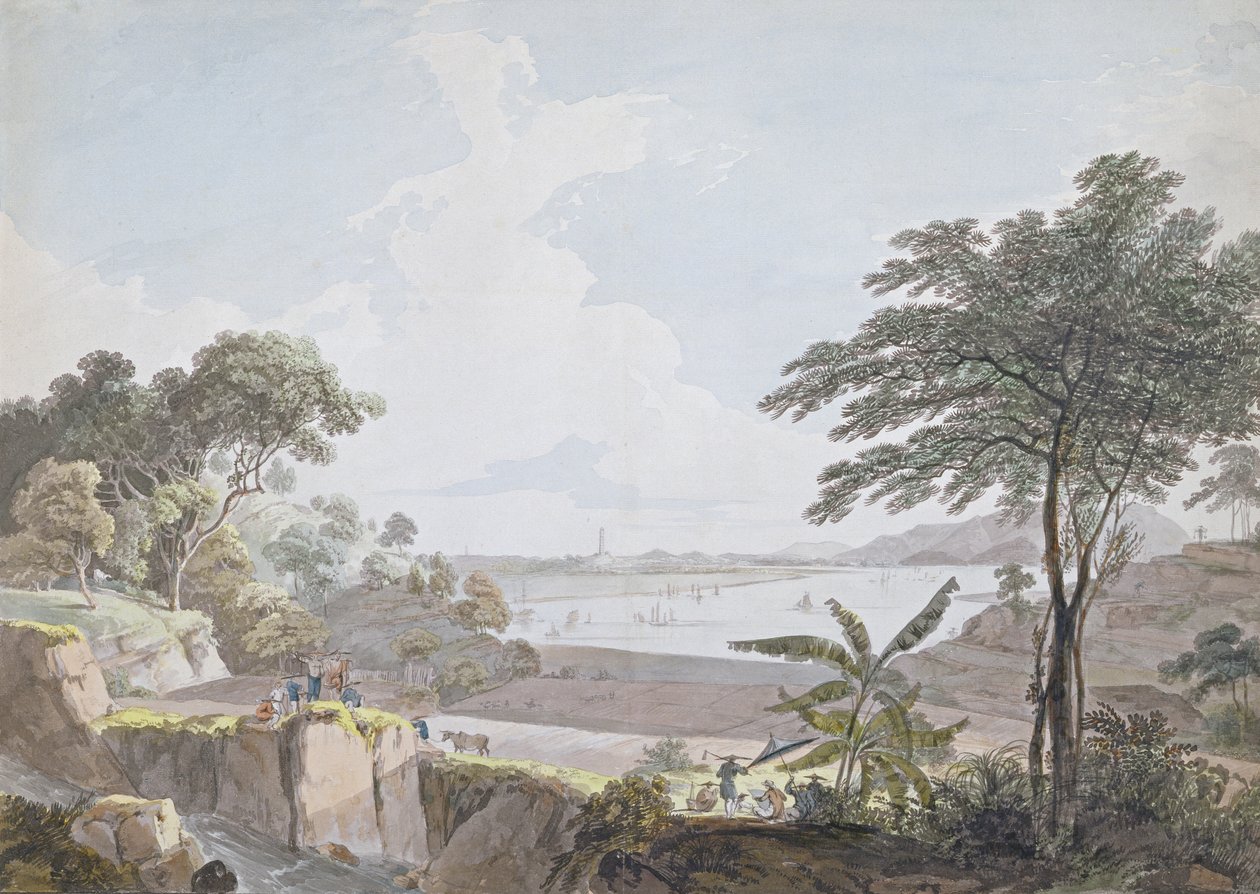 中国のワンポア近郊にある広東川の眺め、1785-94年頃（紙と紙の上にグラファイトがある） 作： エドワード・トーマス・ダニエル牧師