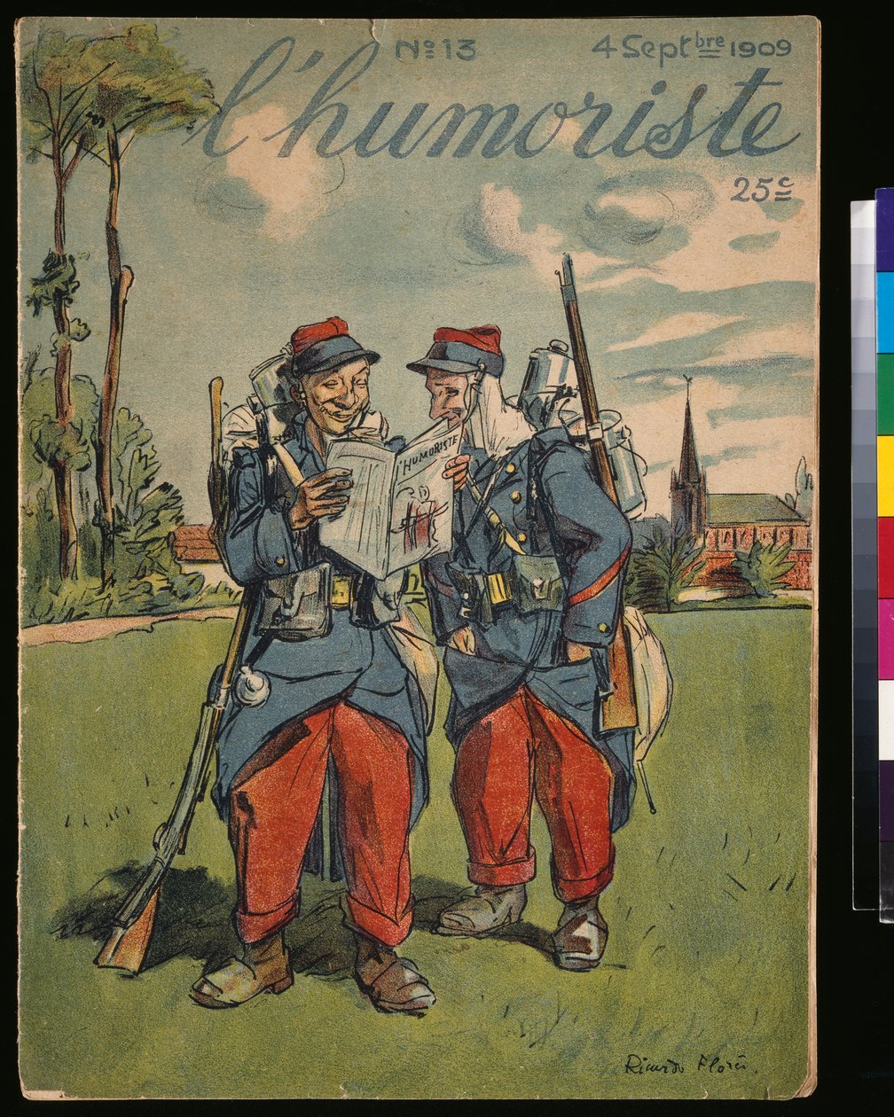フランスの兵士が「l&39;Humoriste」の表紙から読み、1909年1月13日 作： リカルド・フローレス