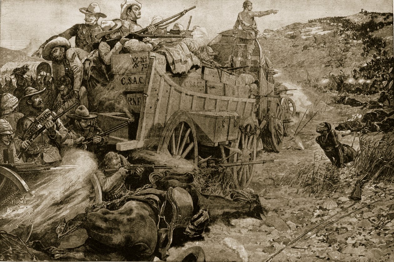 1893年のマタベレ戦争：「イラストレイテッドロンドンニュース」、1901年11月1日、インベンベジ川のワゴンのラージャーへの攻撃 作： リチャード・カトン・ウッドビル
