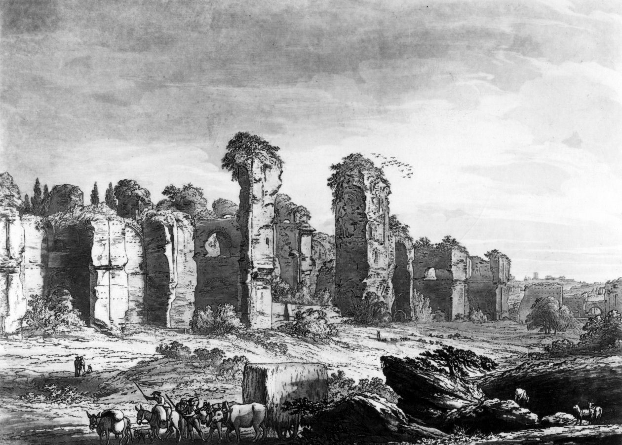 ローマのイエズス会の庭園から撮影したカラカラ浴場の遺跡の眺め、1778年頃（アクアチント） 作： リチャード、クーパー長老