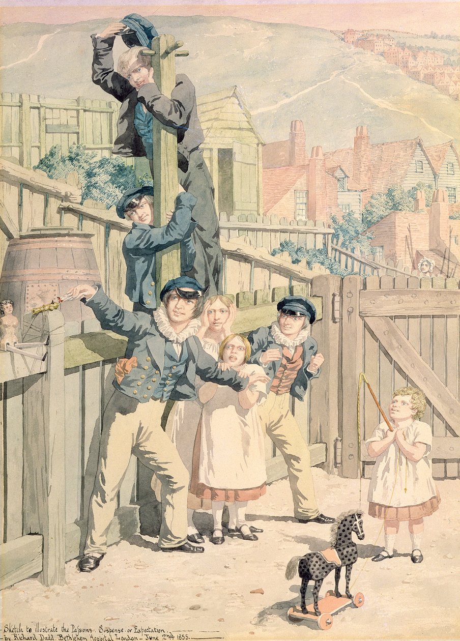 情熱を説明するスケッチ：サスペンスまたは期待、1855年（トイレ、紙と黒鉛の上にペンとインク） 作： リチャード・ダッド