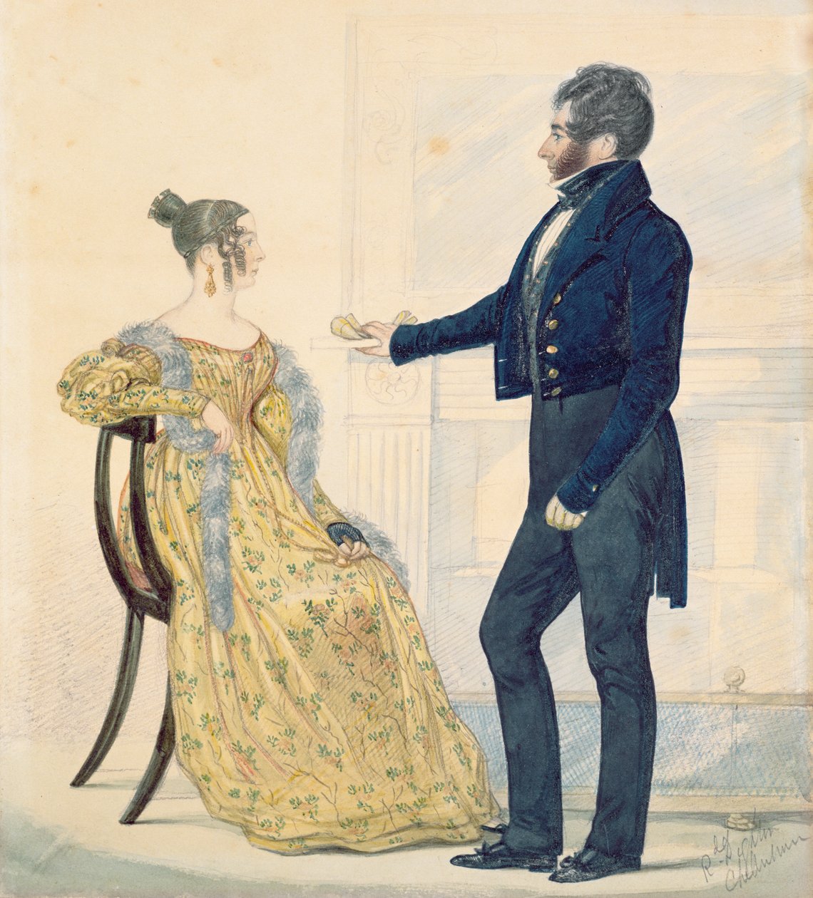 キャプテンとジョージ・ラドル夫人の肖像、c.1835（wc） 作： リチャード・ダイトン