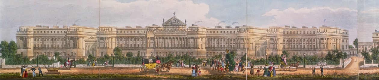 キャンバーランドテラス、パブ、リージェンツパーク周辺のパノラマビューからの詳細。アッカーマン、1831年（アクアチント） 作： リチャード・モリス