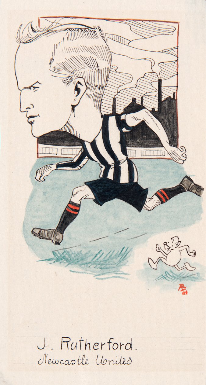 ジョック・ラザフォード、ニューカッスル・ユナイテッド、タバコのカードのセットを引き出す、1907（カードにペンとインク） 作： 裂け目