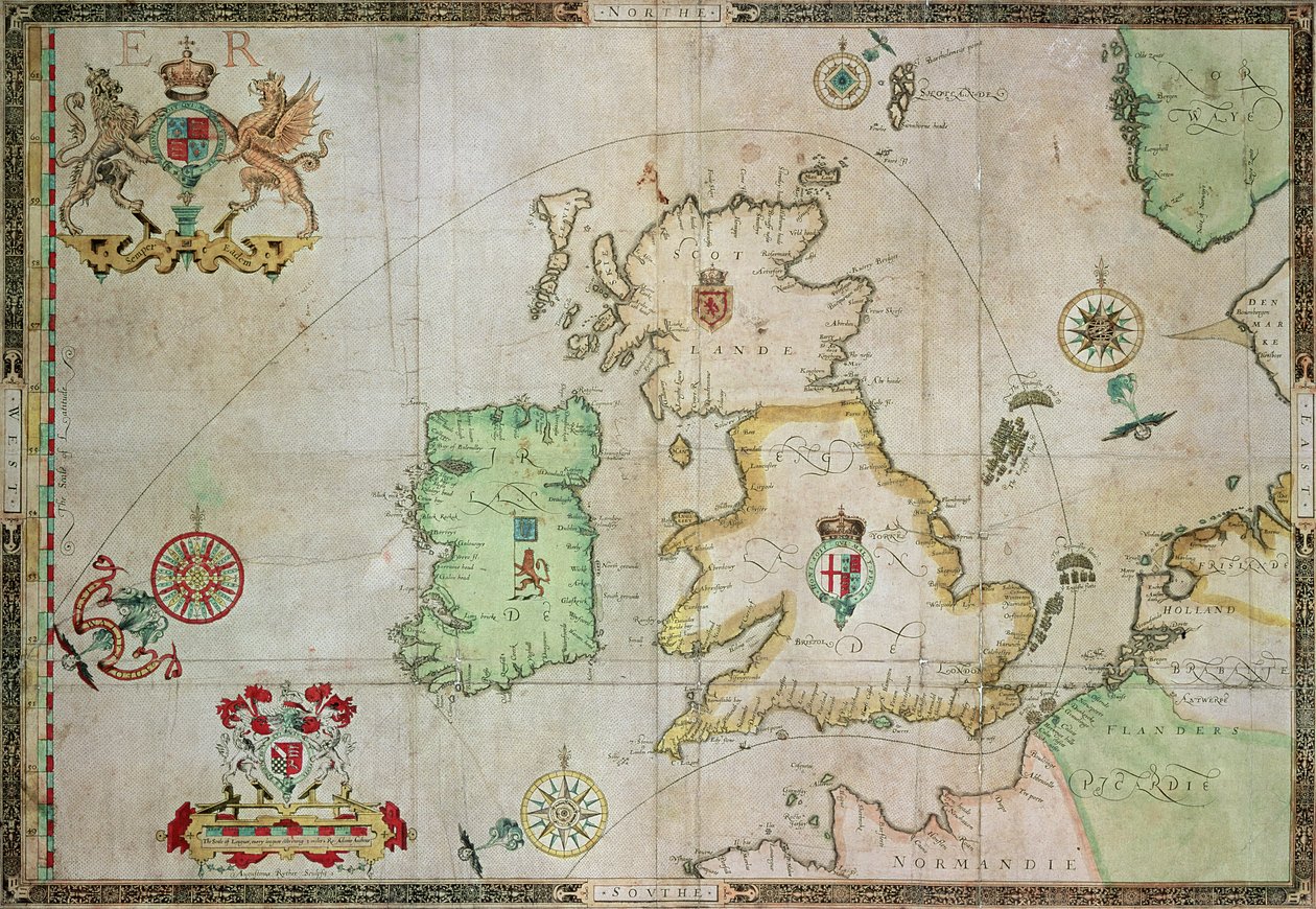 オーガスティンライサー、1588年に刻まれたアルマダ艦隊のルートを示す地図（bwについては133339を参照） 作： ロバート・アダムス