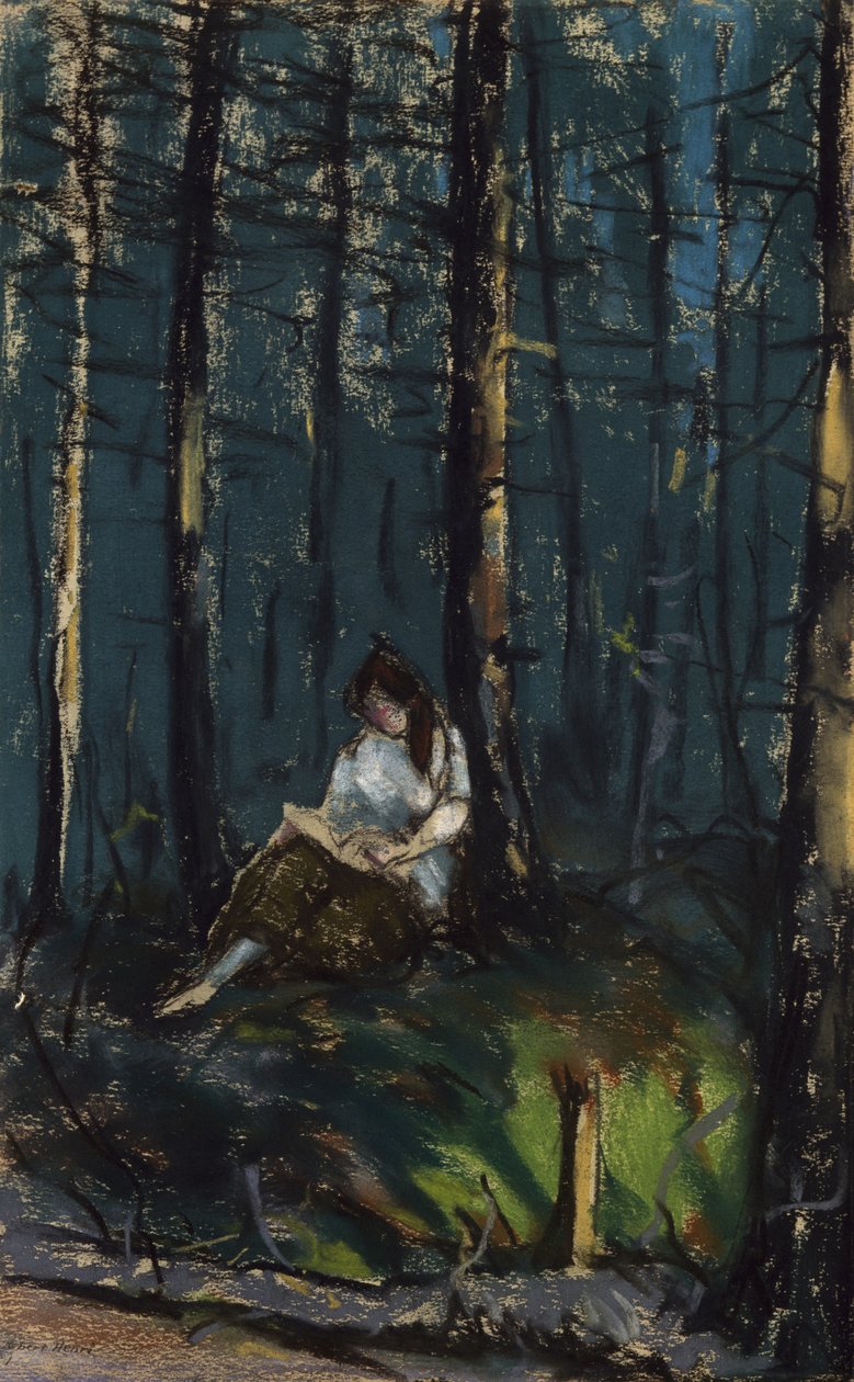 森の中の読者、1918年（織り紙にパステル） 作： ロバート・コザード・アンリ
