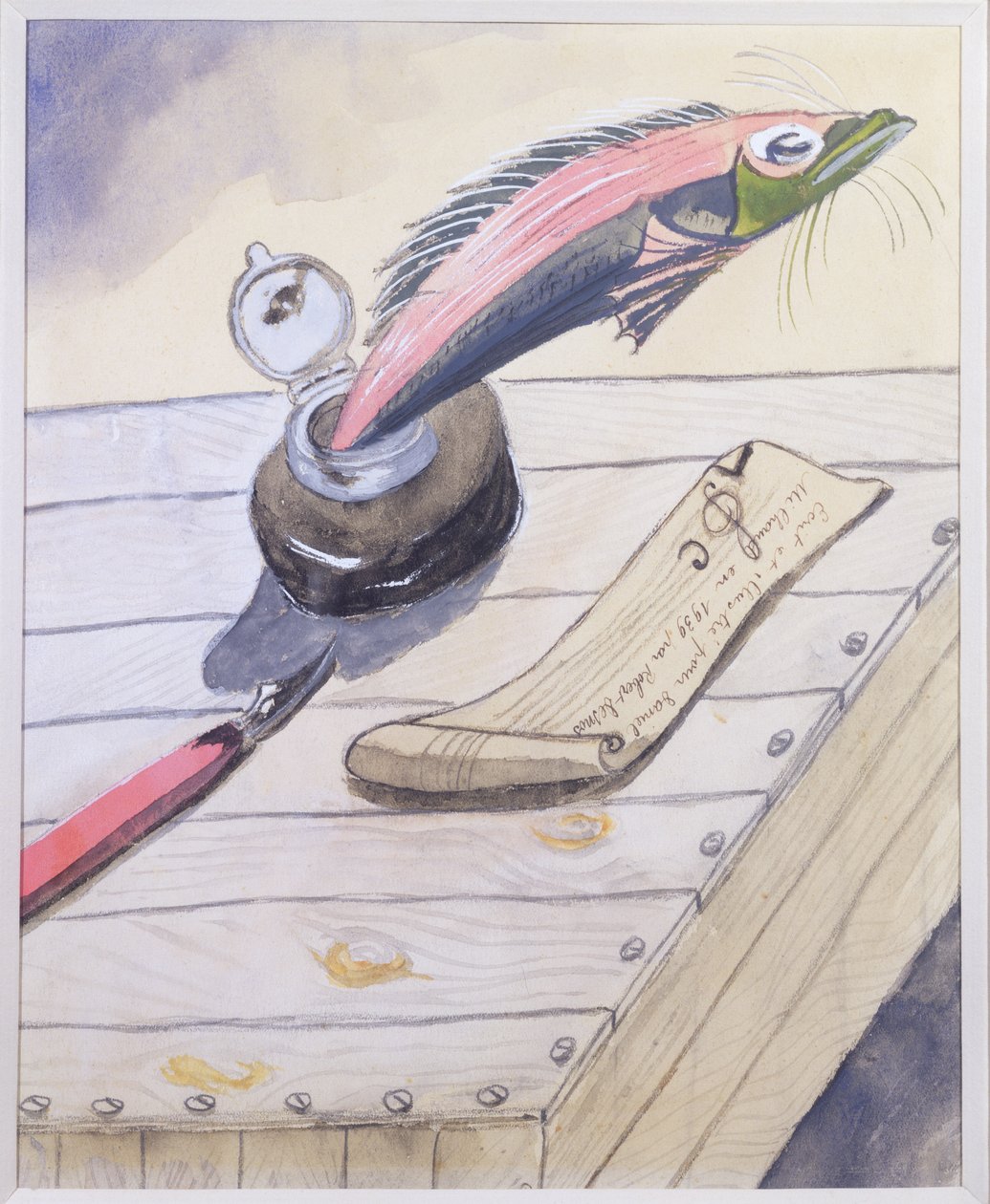 インクポットから飛び出す魚、ダニエルミルハウのためにロバートデスノスによって1939年に書かれ、図解された 作： ロバート・デスノス