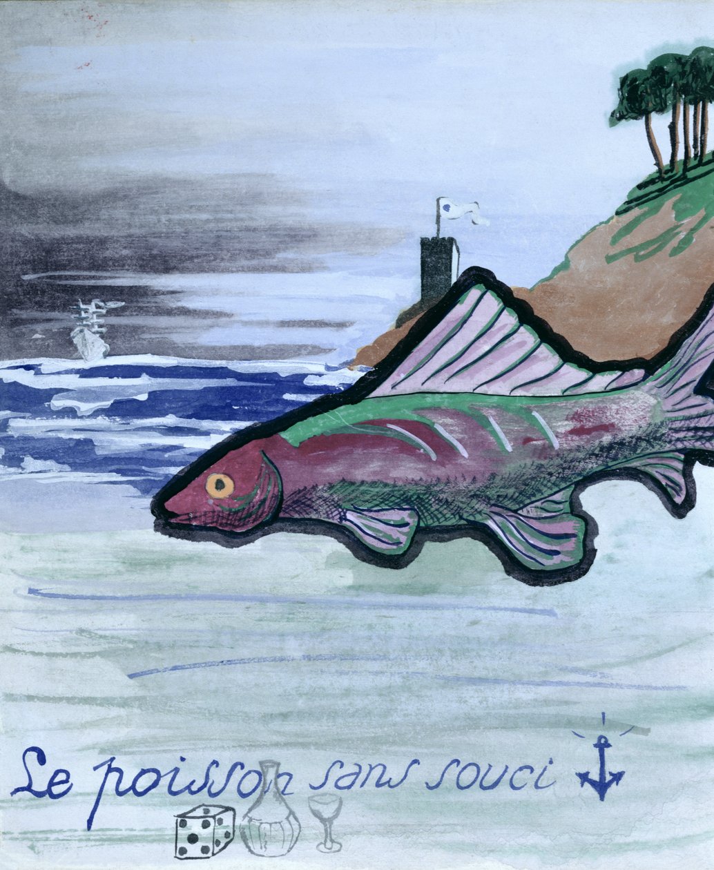 心配のない魚、ロバート・デスノスによる詩「La Menagerie de Tristan」の手書きコレクションのイラスト、1932 作： ロバート・デスノス