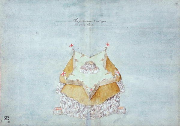 フォートデブルーが配置されたアッパーファーン島、1597-1601年頃（リネンで裏打ちされた紙にトイレ、鉛筆、ペン、インク） 作： ロバート・デブルー