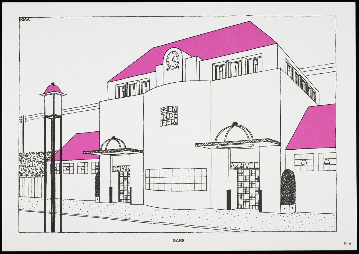 Une Cite ModerneのGare、Rob Mallet-Stevens Architectによるドローイング、1987年（発行） 作： ロバート・マレット・スティーブンス