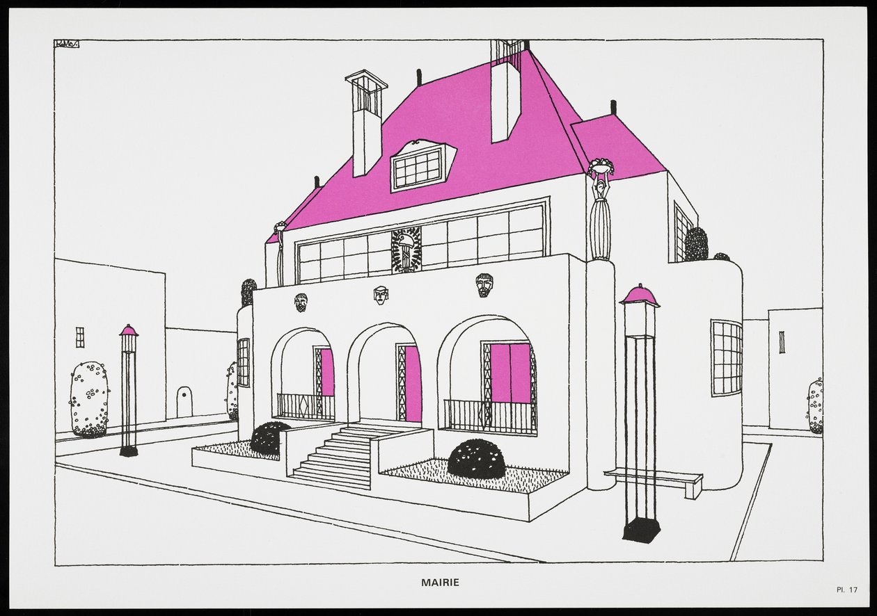 Une Cite ModerneのMairie、Rob Mallet-Stevens Architecteによるドローイング、1987年（発行） 作： ロバート・マレット・スティーブンス
