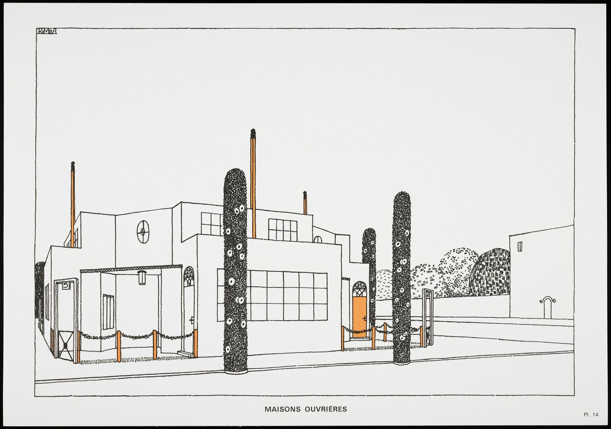 Une Cite ModerneのMaisonsOuvrières、Rob Mallet-Stevens Architectによるドローイング、1987年（発行） 作： ロバート・マレット・スティーブンス
