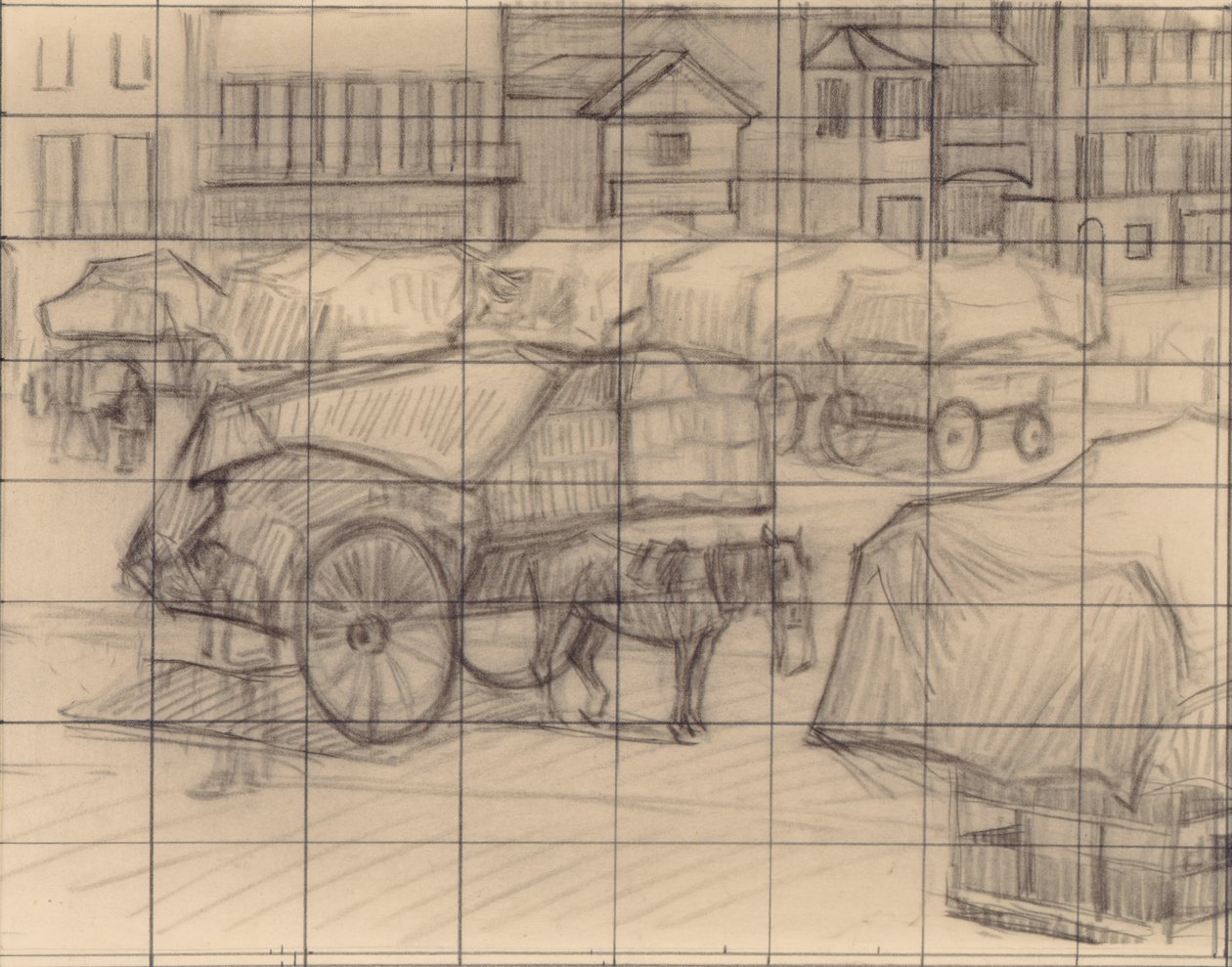 ヘイカート、カンバーランド市場、1915年頃（紙にクレヨン） 作： ロバート・ポヒル・ベヴァン