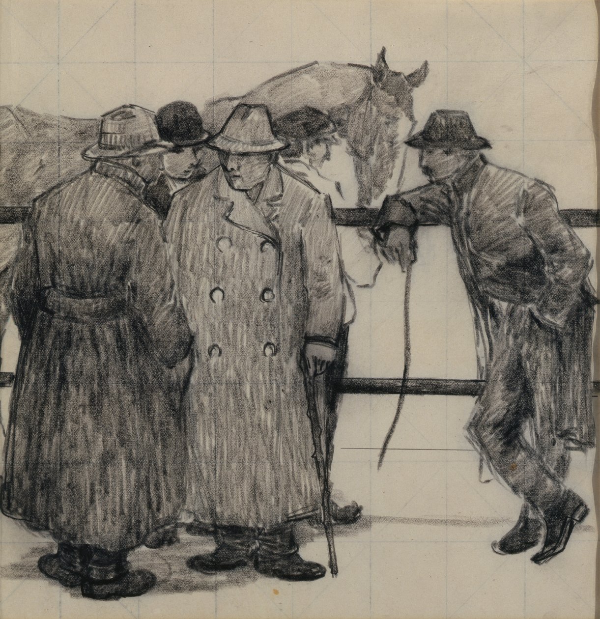 馬のディーラーのための研究、c.1917（四角い紙に鉛筆） 作： ロバート・ポヒル・ベヴァン