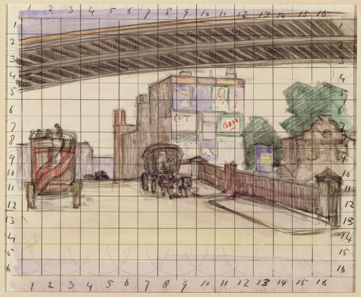 2つの橋、1912-13（紙にクレヨンとトイレ） 作： ロバート・ポヒル・ベヴァン