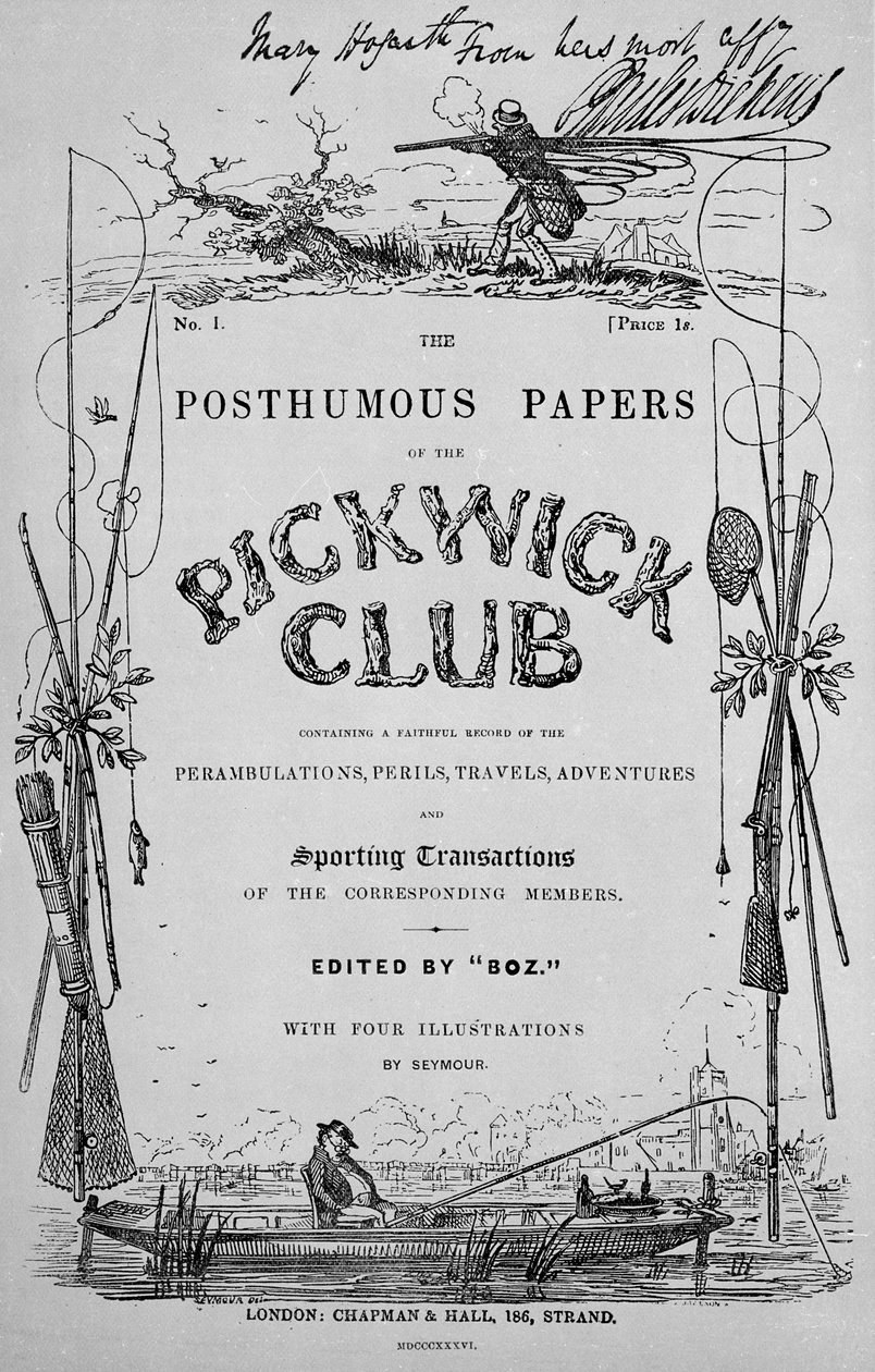 Charles Dickensによる「ピックウィッククラブの死後の論文」のタイトルページ、第1版、1836 作： ロバート・シーモア