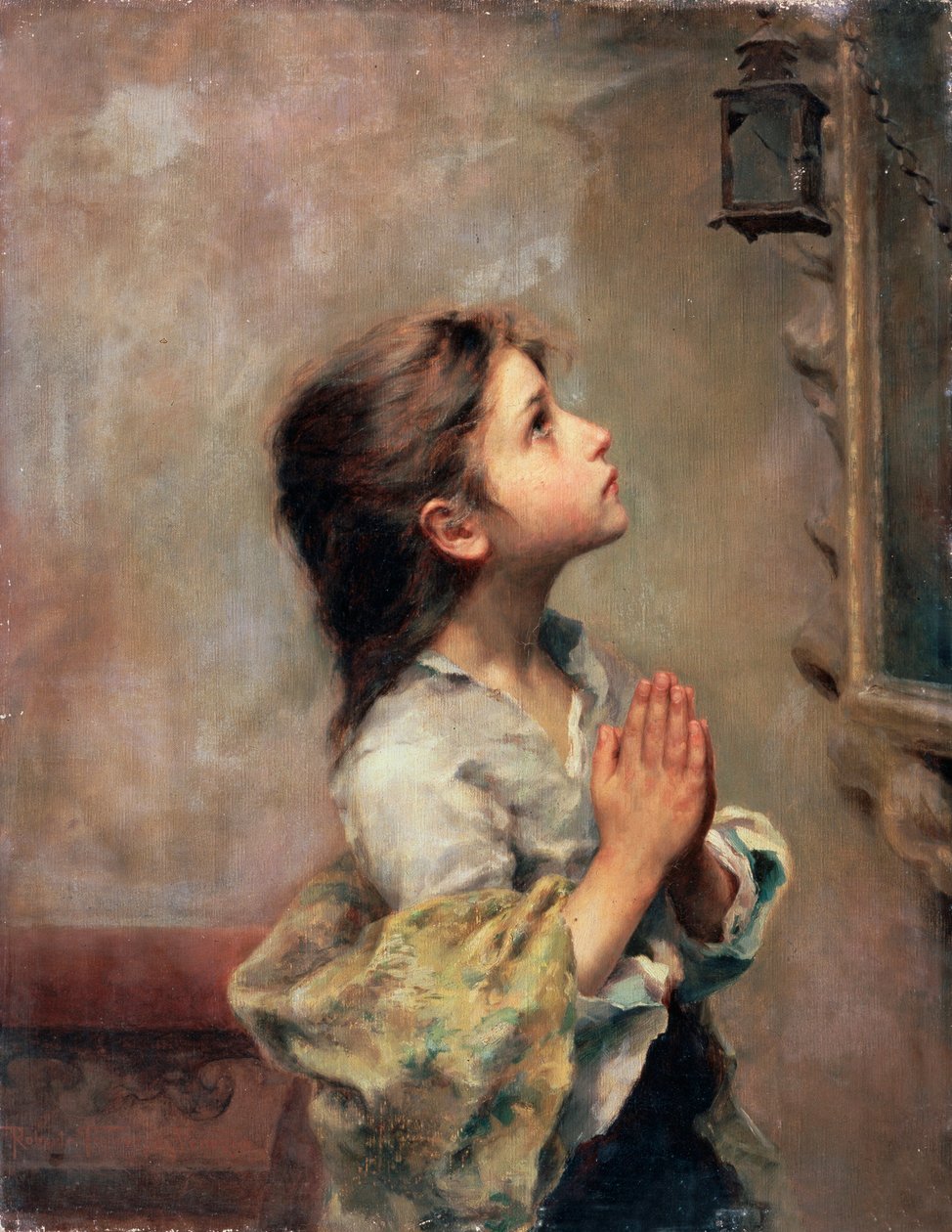 祈る少女、19世紀のイタリア絵画。 作： ロベルト・フェラッツィ