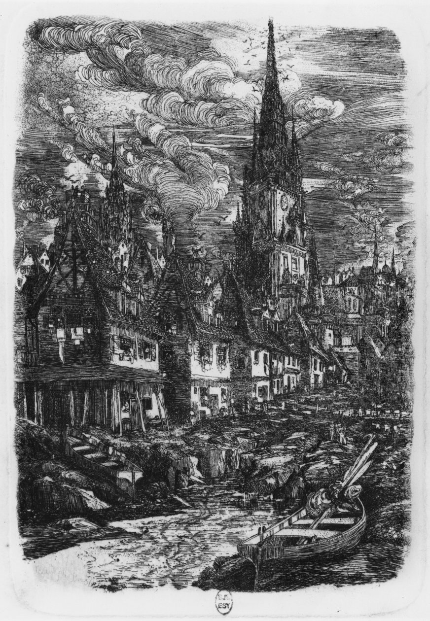 尖った尖塔がある漁港、1860年 作： ロドルフ・ブレディン
