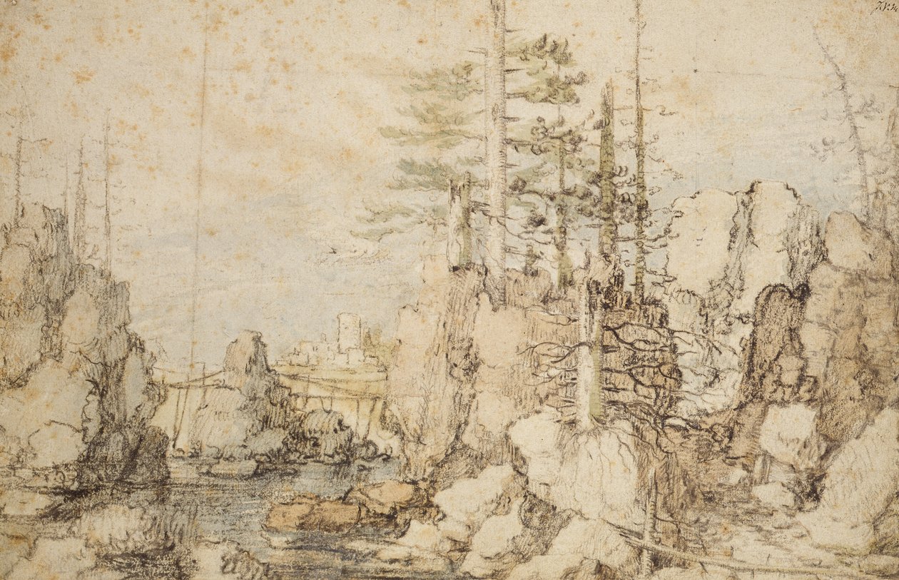 樹木が茂った岩の多い風景、1606-07年頃（黒と色のチョークと紙のトイレ） 作： ローランド・ヤコブス。 Savery