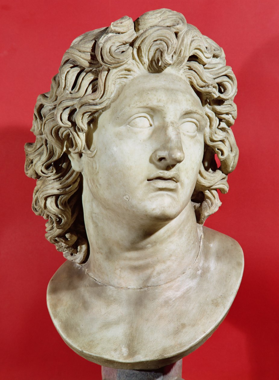 アレクサンドル大王（紀元前356-323年）マケドニアの王、ギリシャ語の原本のローマ版（大理石） 作： 小説