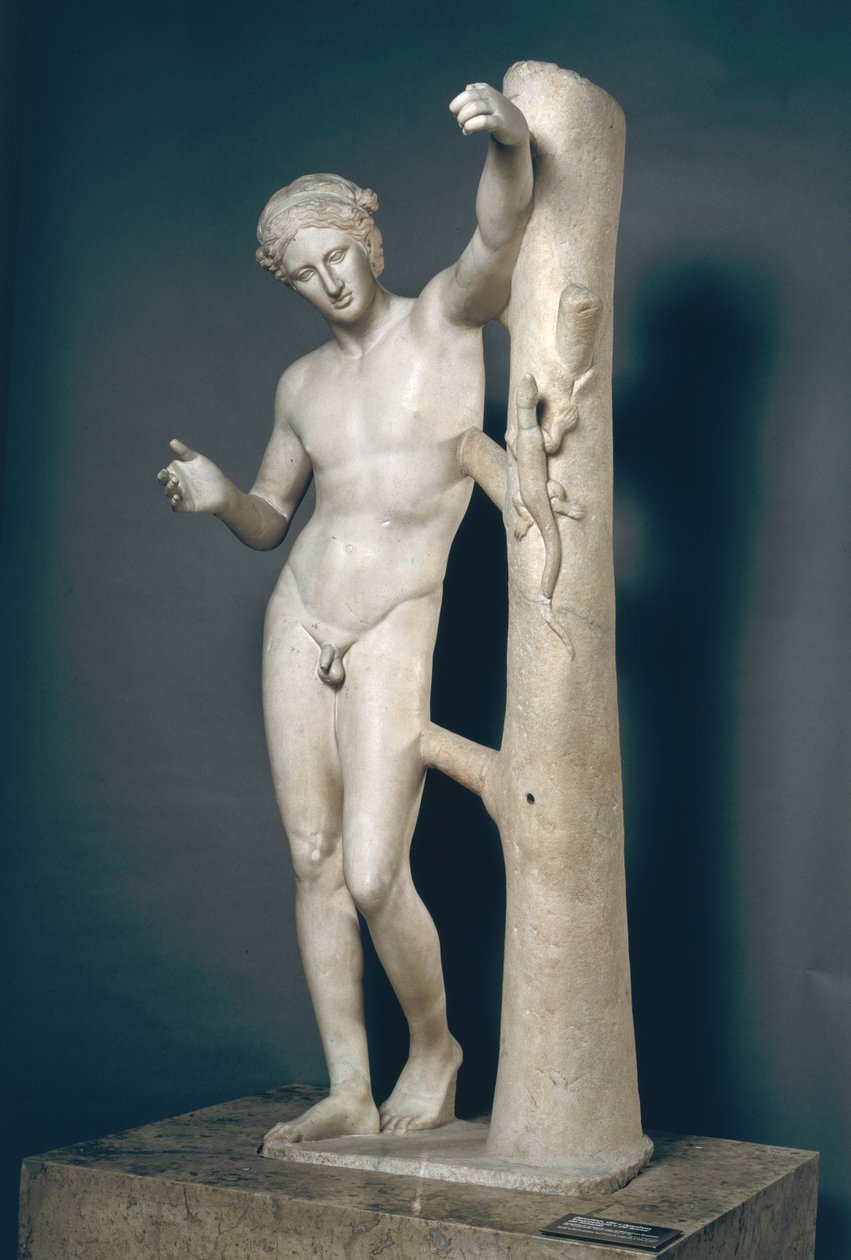 アポロサウロクトノス（トカゲキラー）ギリシャのブロンズのローマ時代のコピーは、紀元前350年に作られ、プラクシテレスに帰属（紀元前370年〜339年）（大理石） 作： 小説