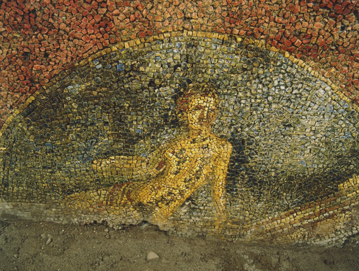 ローマのクイリナーレにあるキュラシエの兵舎の下にある古代の建物のモザイク（モザイク） 作： 小説