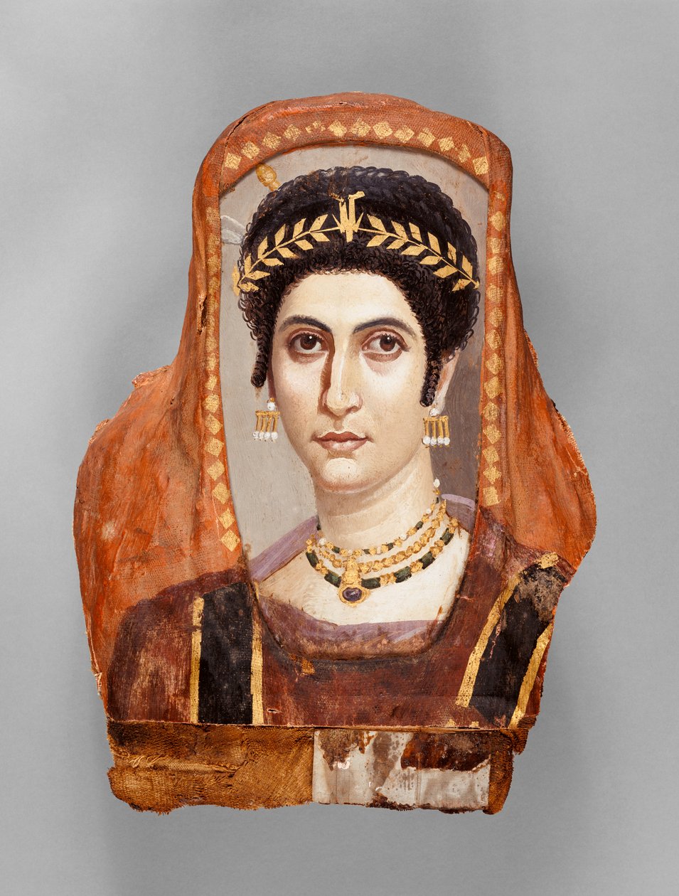 女性のミイラの肖像、c。 100-10 AD（木に腐食性、金箔とリネンを含む） 作： ローマ時代のエジプト人