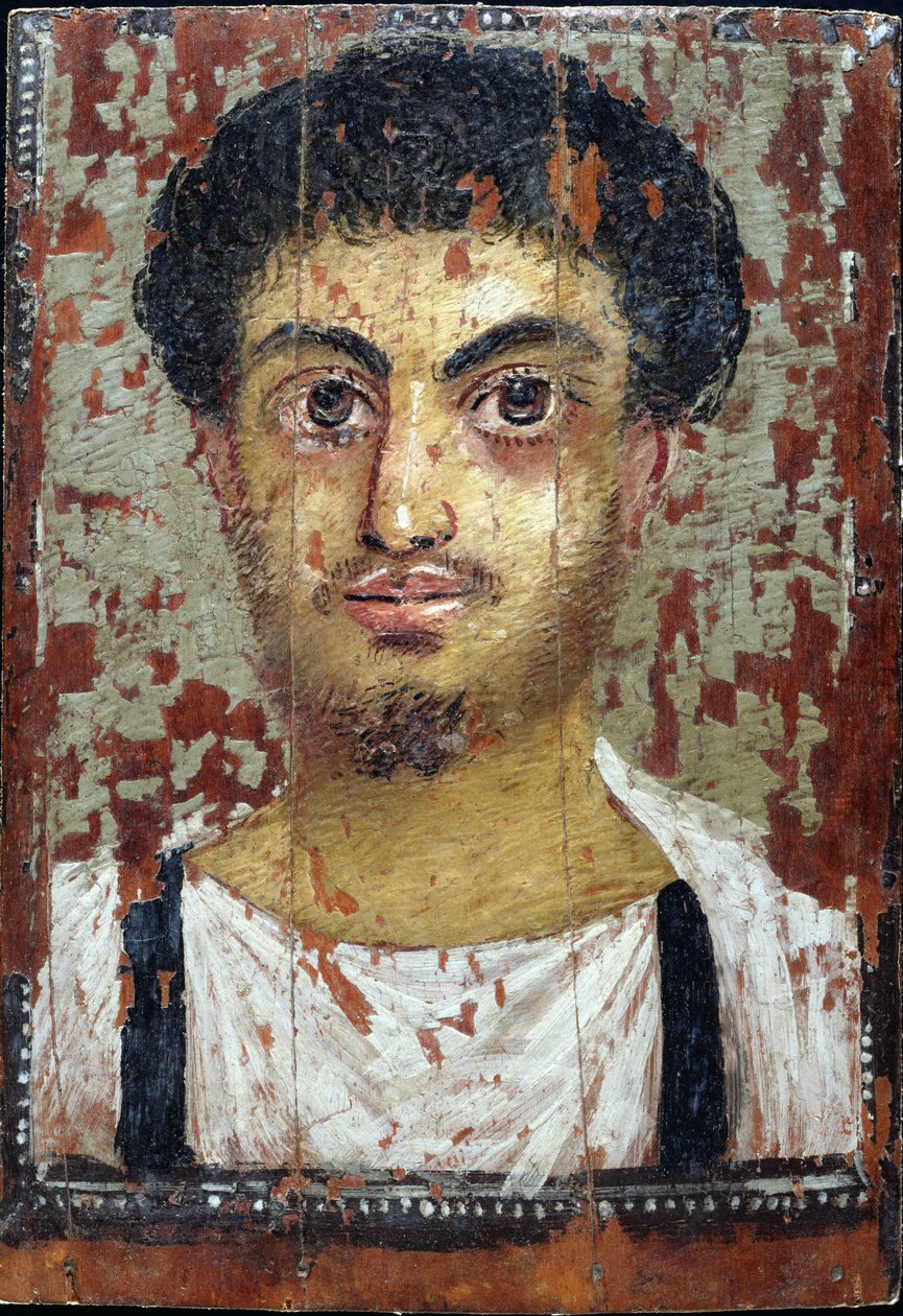 若い男のミイラの肖像（パネルに焦性） 作： ローマ時代のエジプト人