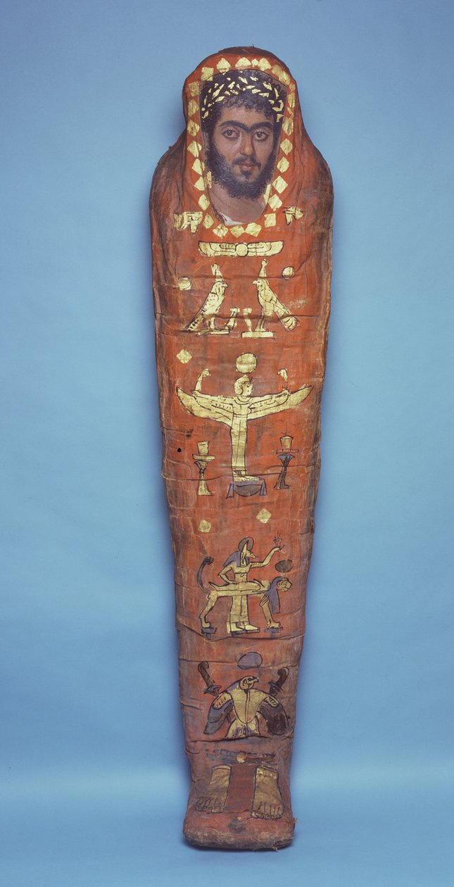 El-Hibehからの若い男のミイラ、苛立ちのある肖像画（塗装された木製パネルでリネンに包まれた人間の遺体） 作： ローマ時代のエジプト人