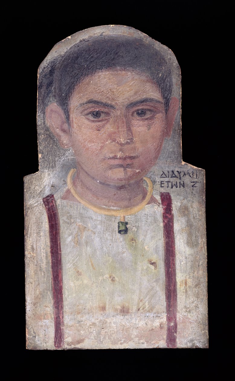 若い女の子のミイラの肖像画、「Didyme、7歳」、180-200 AD（パネル上の腐食性ワックス）の表記 作： ローマ時代のエジプト人