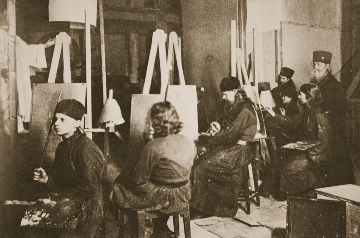 ラドガ湖のヴァラモ修道院でのアイコン絵画、1885年頃（セピア写真） 作： ロシアの写真家