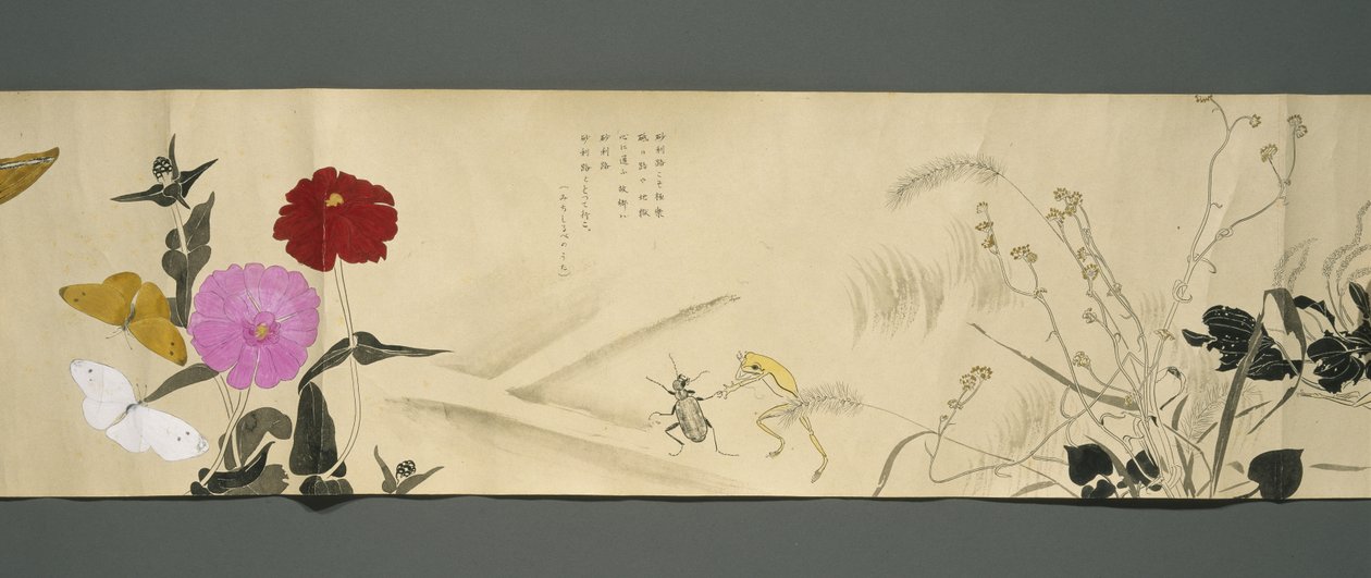 野生生物のともだち（やさいのとも）、大正時代、大正7年、1918年頃（雲母で飾られた紙の上にインクとトイレ） 作： 川上涼香