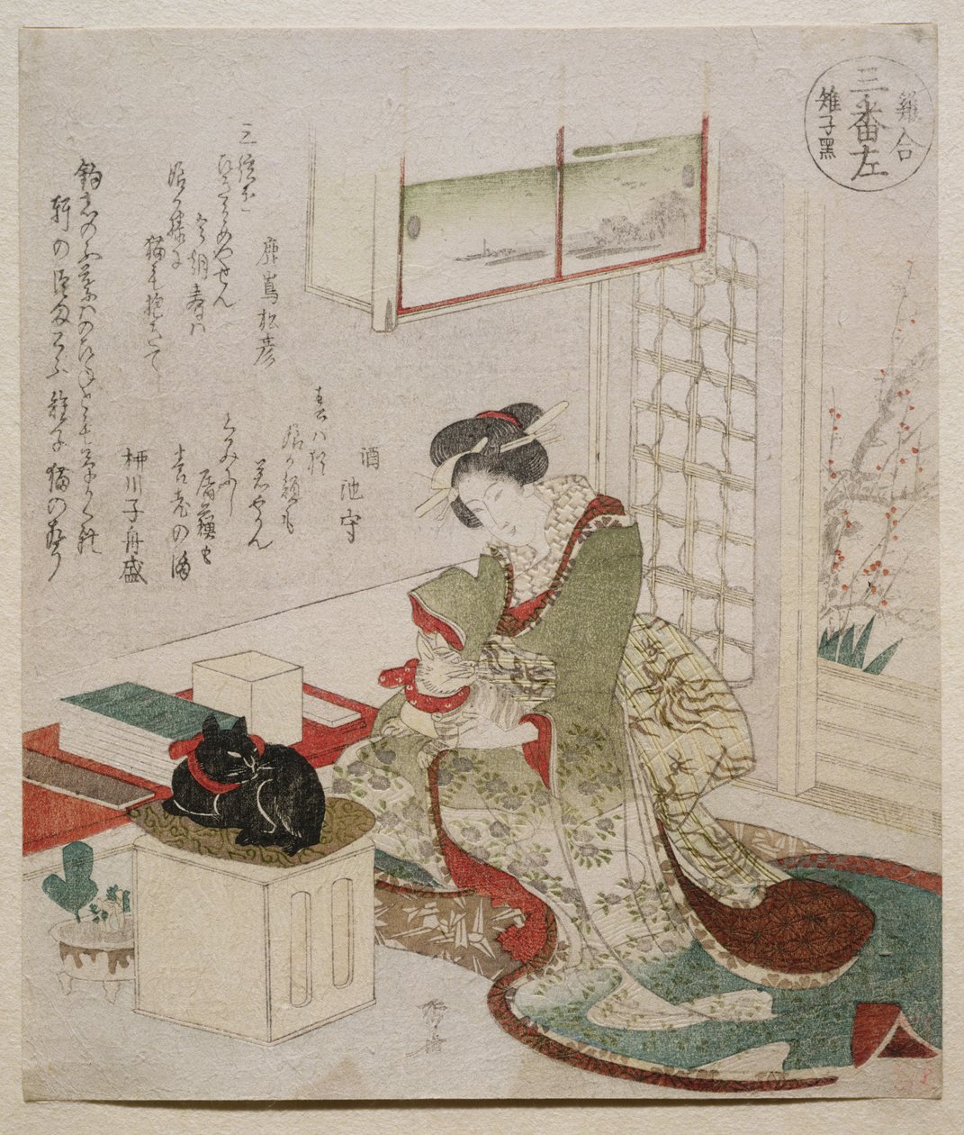 シリーズ「鳥のコンテスト：3つのデザイン」、1825年の木版画の黒キジ 作： 流竜峡心斎