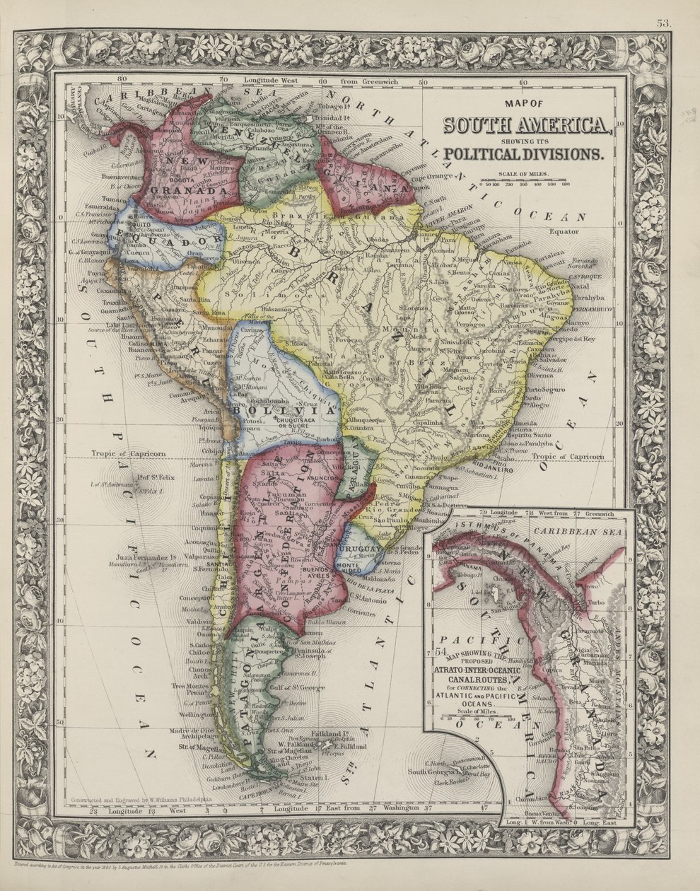 南アメリカの地図、ミッチェルの新しい一般地図帳、1863からの政治的区分を示す 作： サミュエル・オーガスタス・ミッチェル