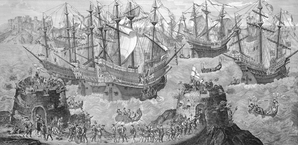 1520年5月31日、ドーバーでのヘンリー8世の乗船（1491-1547）、フランス王フランシス1世（1494-1547）のパブとのインタビューの準備。 1781年にジェームズ・ベイザによって刻まれた（バンド写真 作： サミュエル・ヒエロニムス・グリム