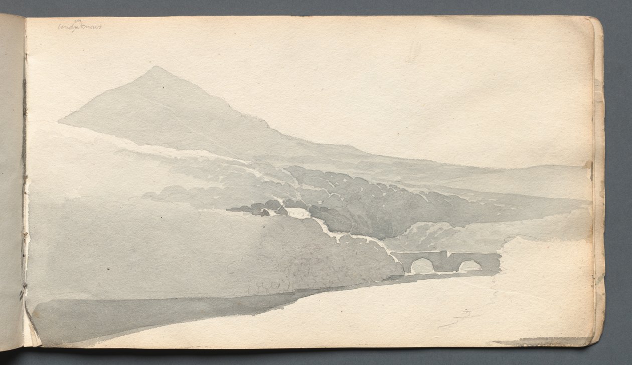 スケッチブック：橋のある山岳風景、1814年。 作： サミュエル・プラウト