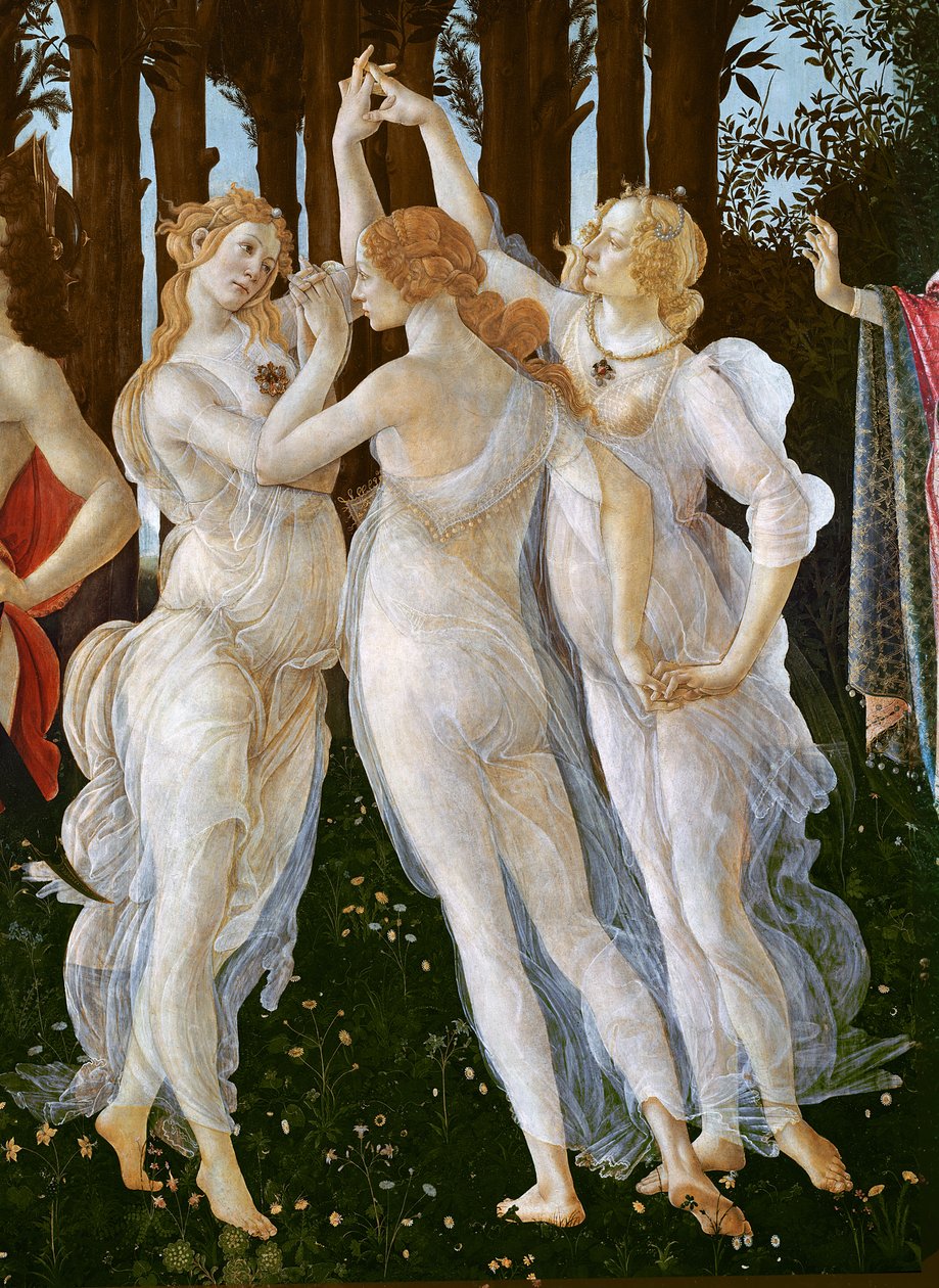プリマベーラ、三美神の詳細、パネル上の1478テンペラ 作： Sandro Botticelli