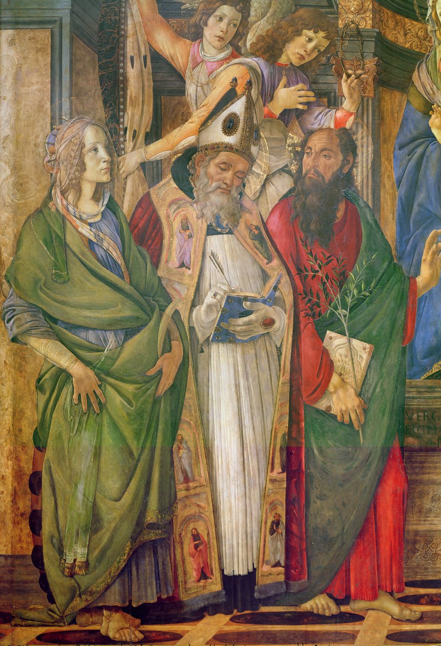 聖バルナバの祭壇画、アレクサンドリアの聖カタリナの詳細、聖バルナバと聖オーガスティン、c.1488木のテンペラ 作： Sandro Botticelli