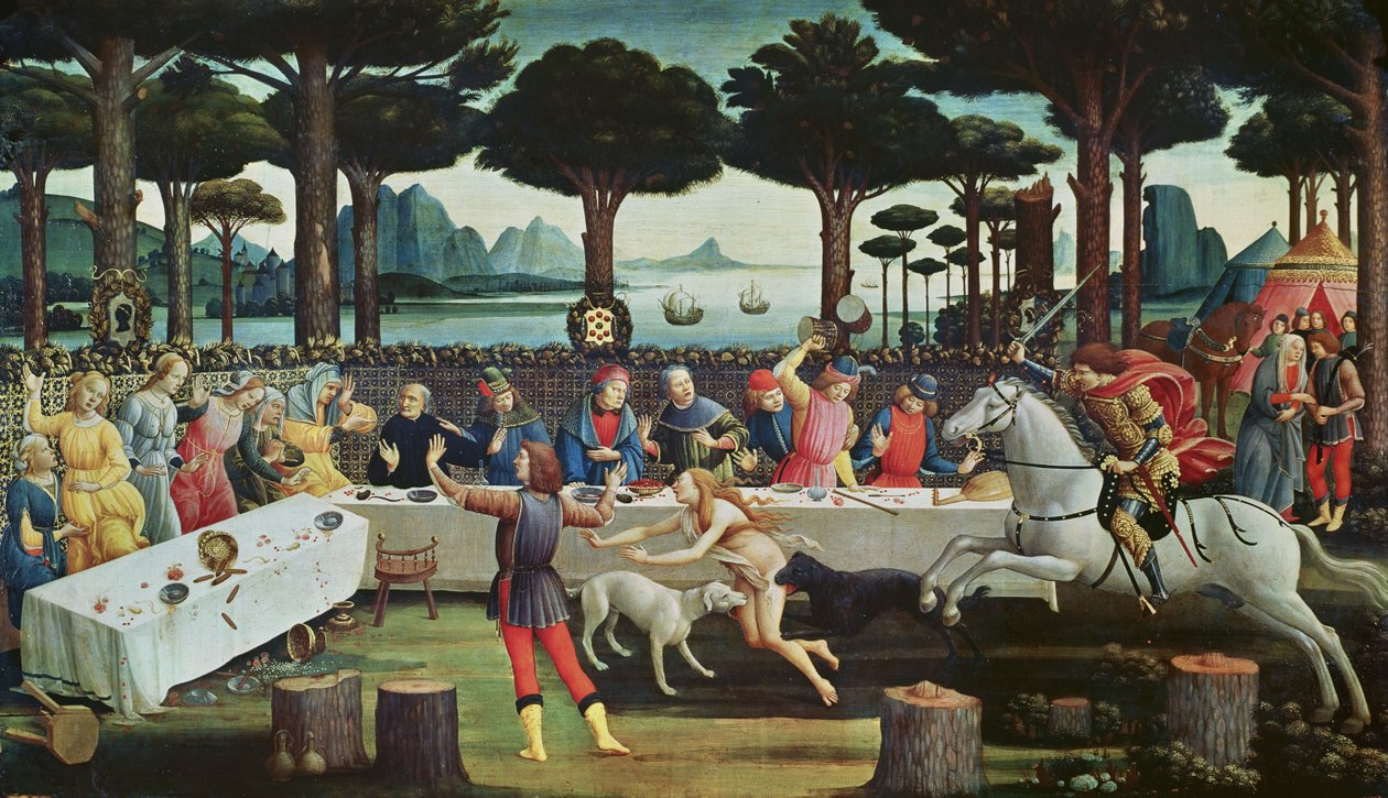 パインウッドの宴会：ナスタジオデグリオネスティの物語のシーンIII、c.1483（パネル上のテンペラ） 作： Sandro Botticelli