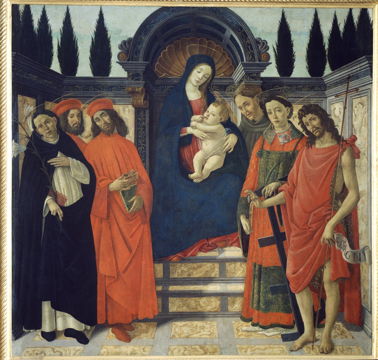 聖母子と聖洗礼者ヨハネ、聖ダミアン、聖コスモ 作： Sandro Botticelli