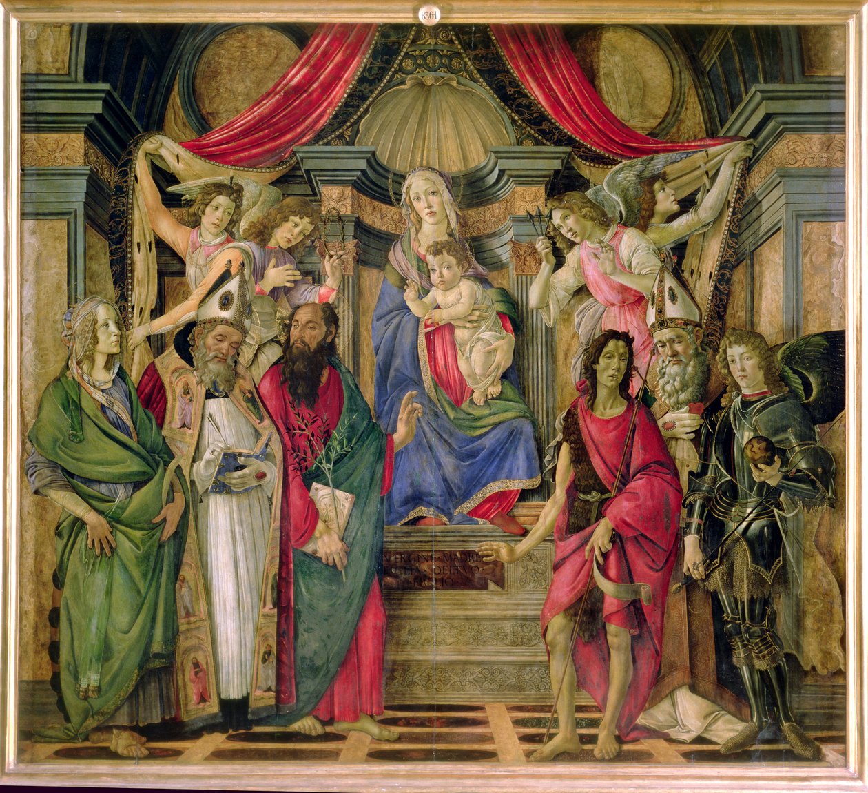 サンバルナバの祭壇画の聖人と聖母子1480〜81年頃（パネル上のテンペラ） 作： Sandro Botticelli